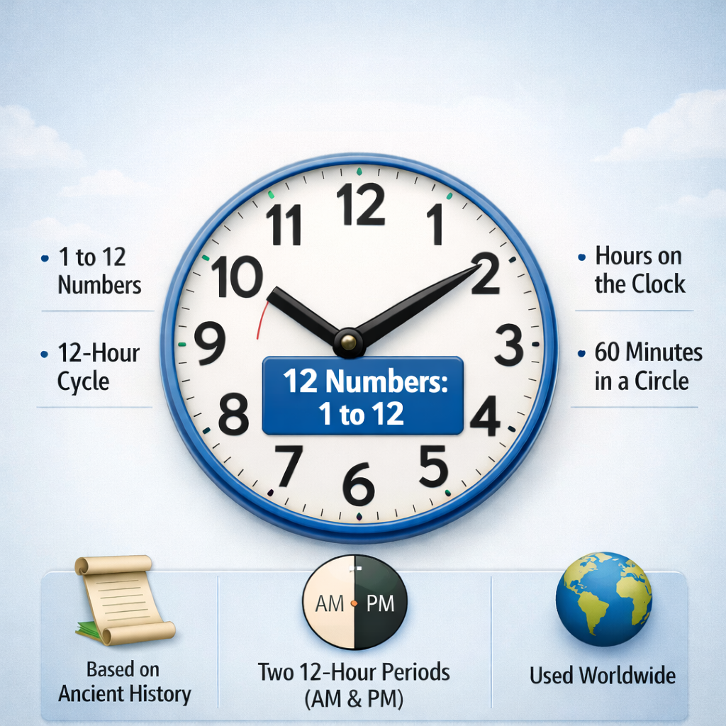Analog clock showing 12 numbers (1 to 12) with explanation of 12-hour cycle, minutes, and time system