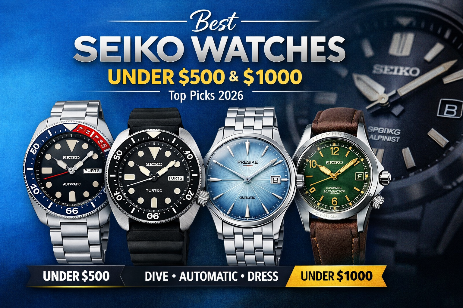Top Seiko watches under $500 and $1000 with dive, automatic, and dress watch models displayed